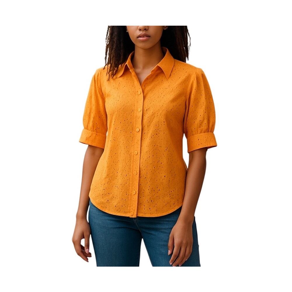 Chico's Orange Pineapple Eyelet Button Front Top Puff Sleeves‎ 6 (2792)